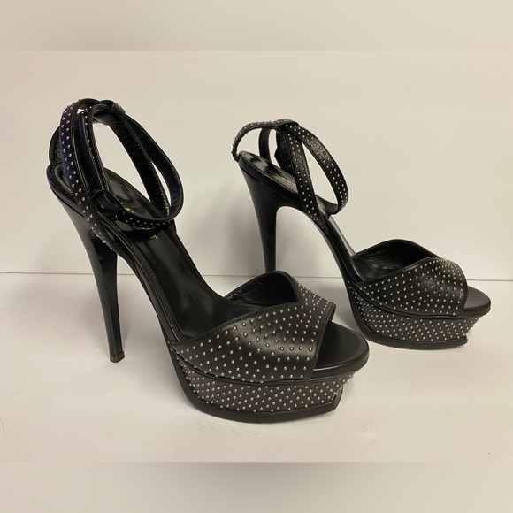 YSL Saint Laurent ankle strap studded sandals heels leather black 37.5 - Picture 4 of 11